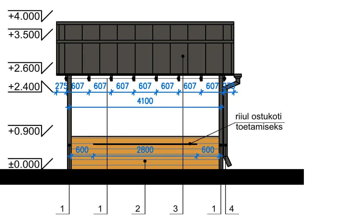 Katusealuse paviljoni vaade loodest: tumehall puitkonstruktsioon, kollakaspruun
      laudisest lett 0,9 m kõrgusel, katuseserv 4,0 m kõrgusel, mooduli laius 4,1 m.
